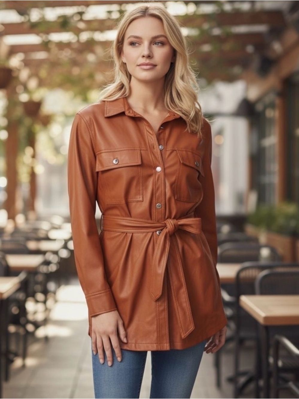 Jessica Simpson Cognac Faux Leather Belted Shirt Jacket #1164